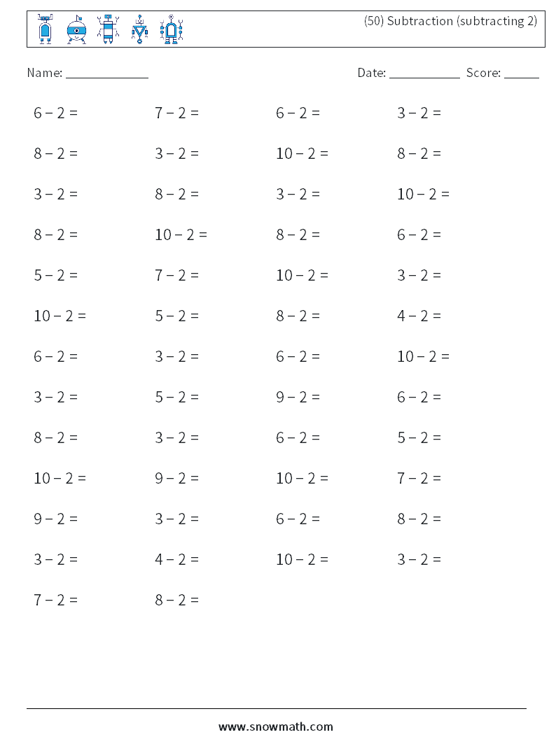 (50) Subtraction (subtracting 2) Math Worksheets 2
