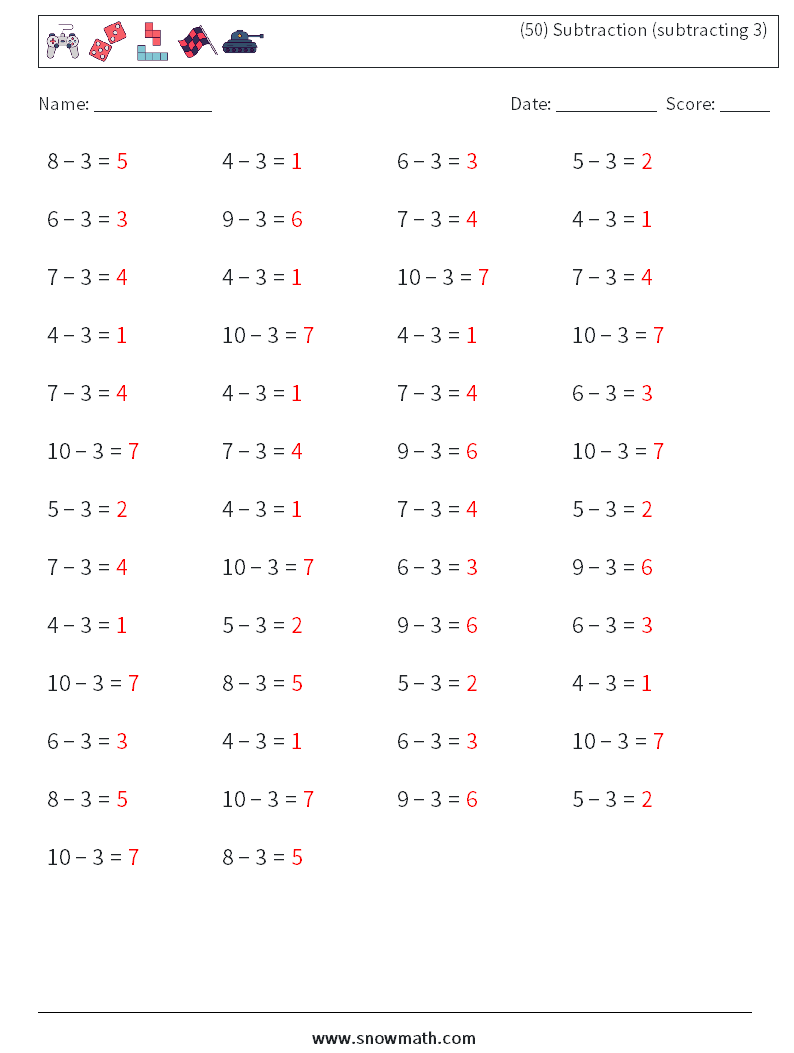 (50) Subtraction (subtracting 3) Math Worksheets 1 Question, Answer