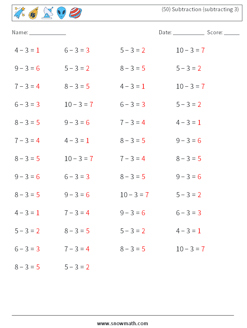 (50) Subtraction (subtracting 3) Math Worksheets 5 Question, Answer