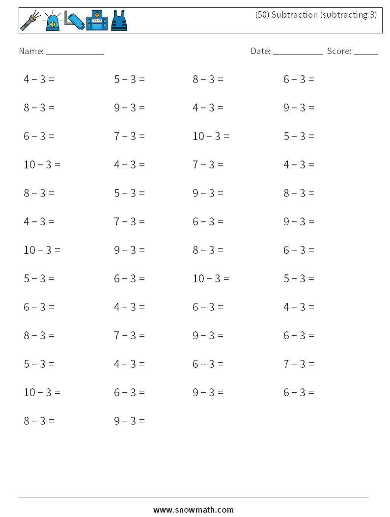 (50) Subtraction (subtracting 3) Maths Worksheets 6