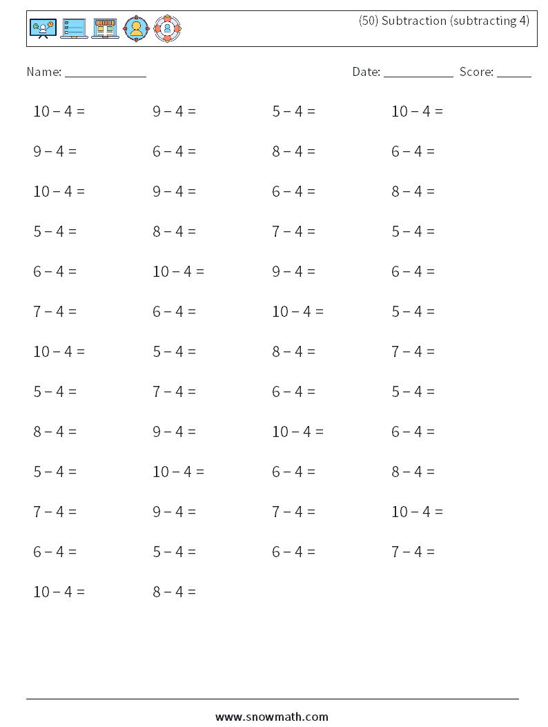 (50) Subtraction (subtracting 4) Maths Worksheets 9