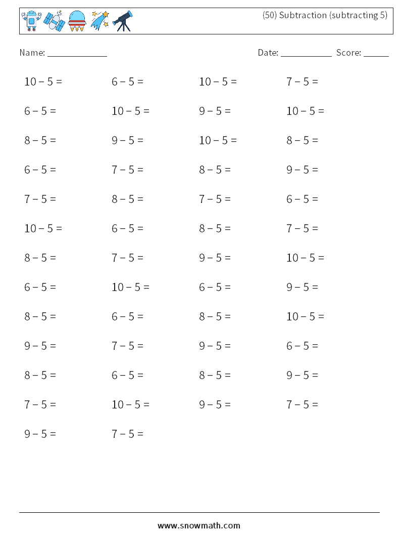 (50) Subtraction (subtracting 5)