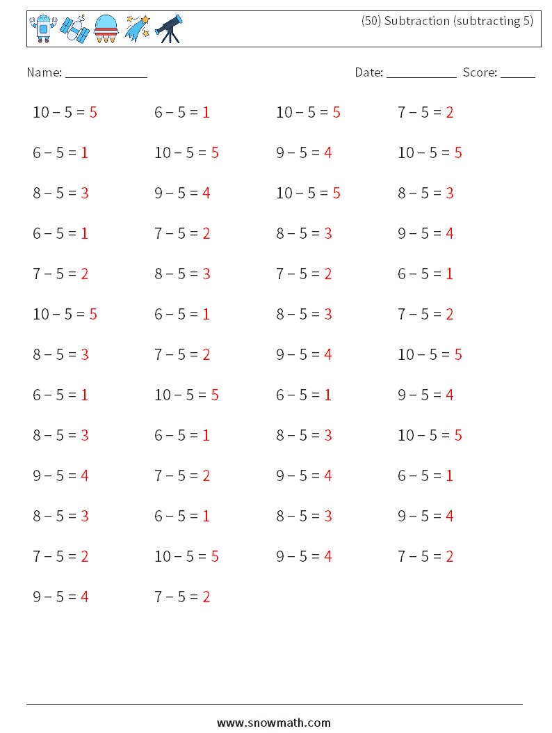 (50) Subtraction (subtracting 5) Math Worksheets 1 Question, Answer