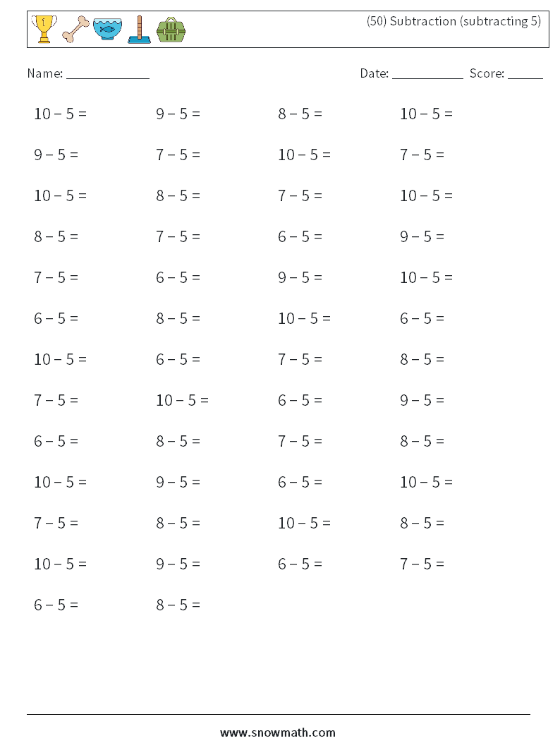 (50) Subtraction (subtracting 5) Maths Worksheets 2