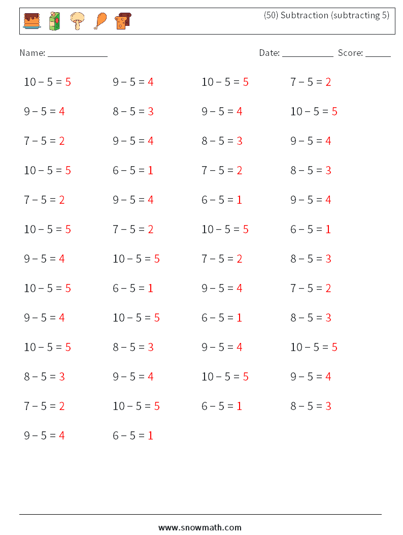 (50) Subtraction (subtracting 5) Math Worksheets 3 Question, Answer