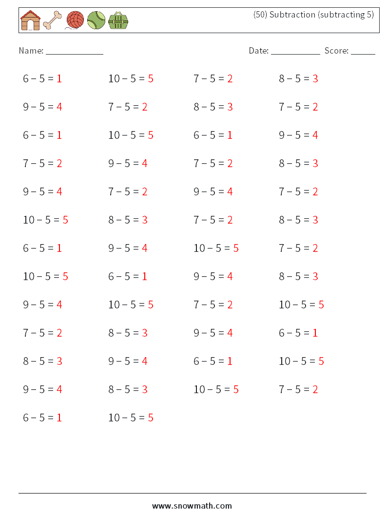 (50) Subtraction (subtracting 5) Math Worksheets 4 Question, Answer