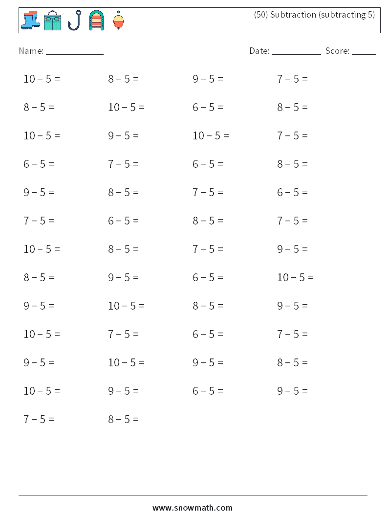 (50) Subtraction (subtracting 5) Math Worksheets 5