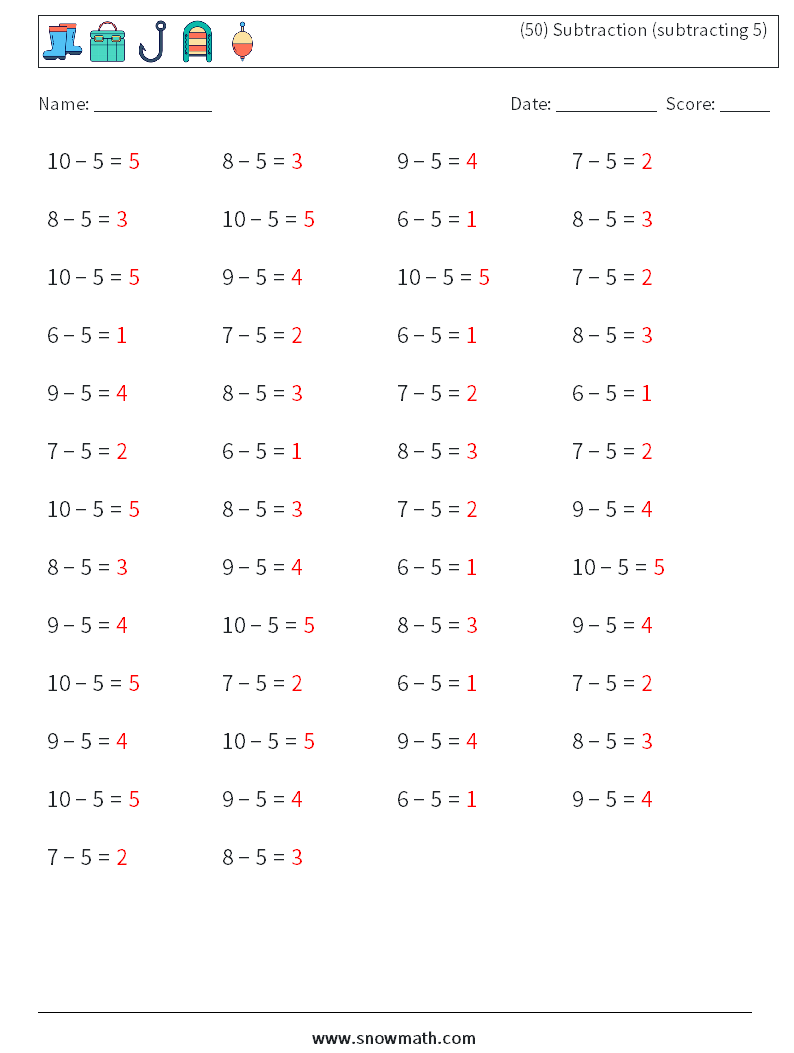 (50) Subtraction (subtracting 5) Math Worksheets 5 Question, Answer