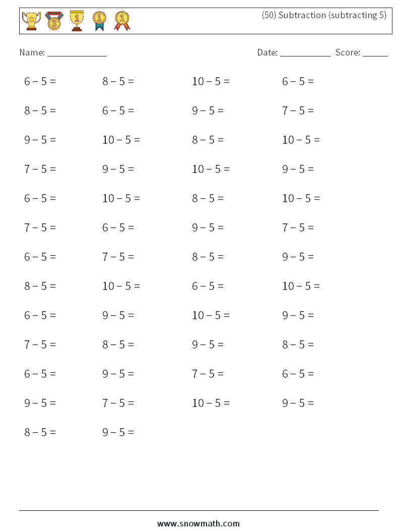 (50) Subtraction (subtracting 5) Maths Worksheets 7