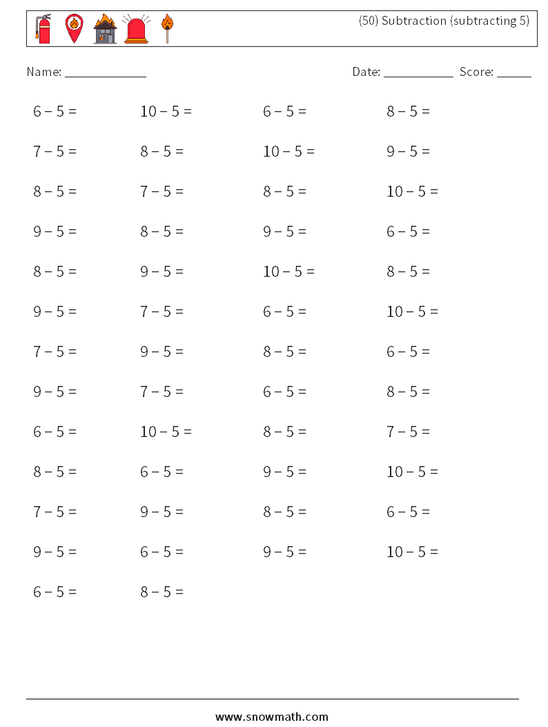 (50) Subtraction (subtracting 5) Math Worksheets 8