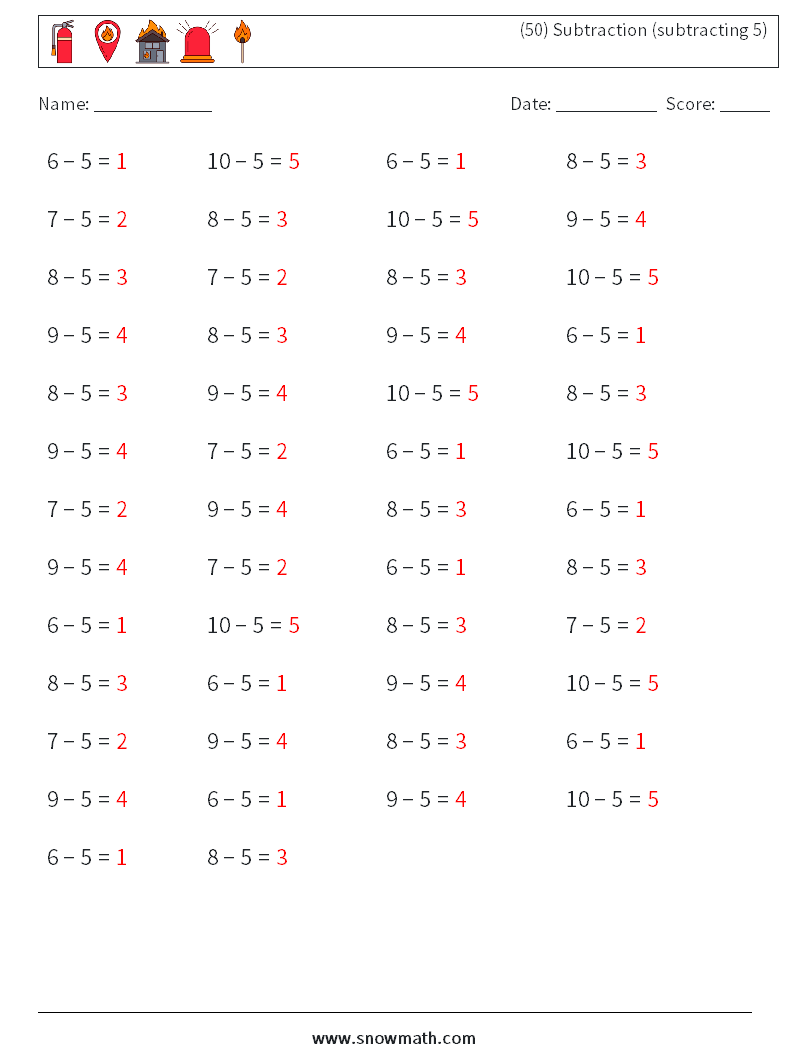 (50) Subtraction (subtracting 5) Math Worksheets 8 Question, Answer