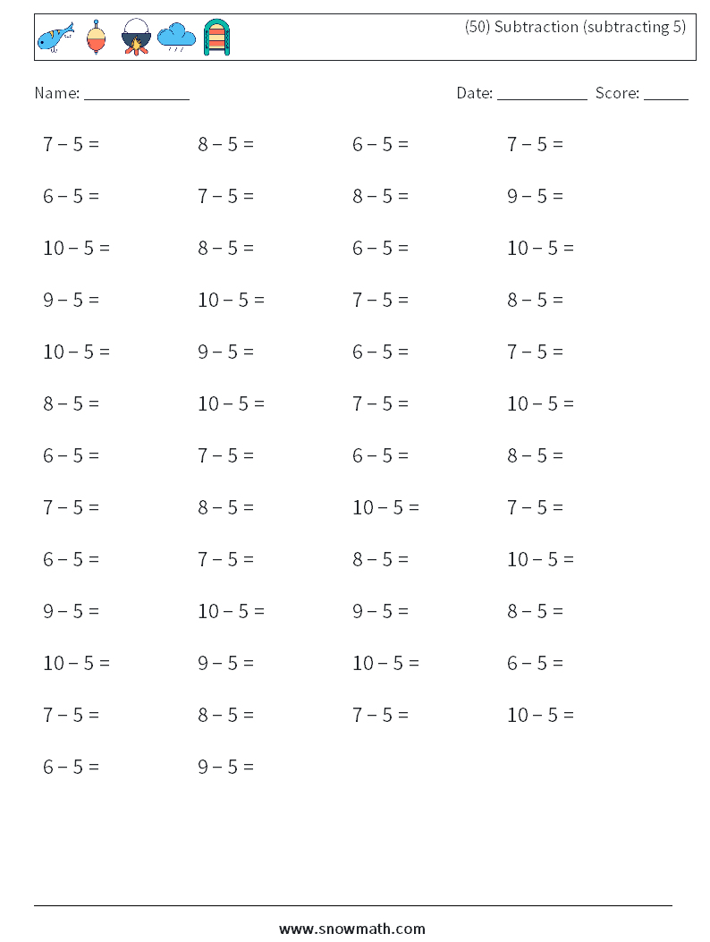 (50) Subtraction (subtracting 5) Math Worksheets 9
