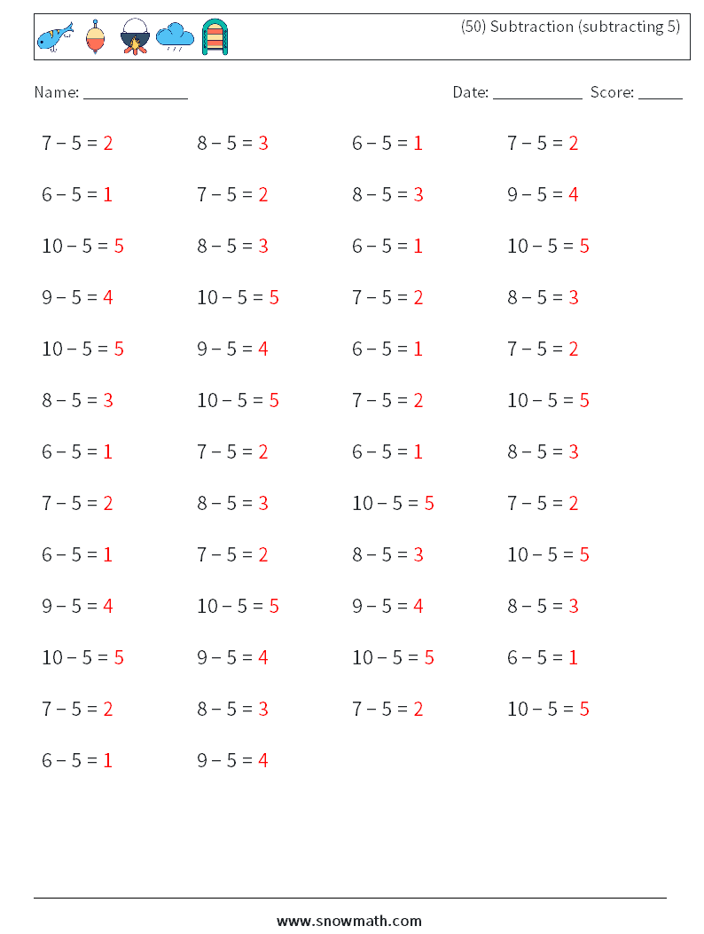 (50) Subtraction (subtracting 5) Math Worksheets 9 Question, Answer