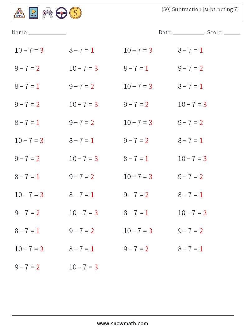 (50) Subtraction (subtracting 7) Math Worksheets 1 Question, Answer