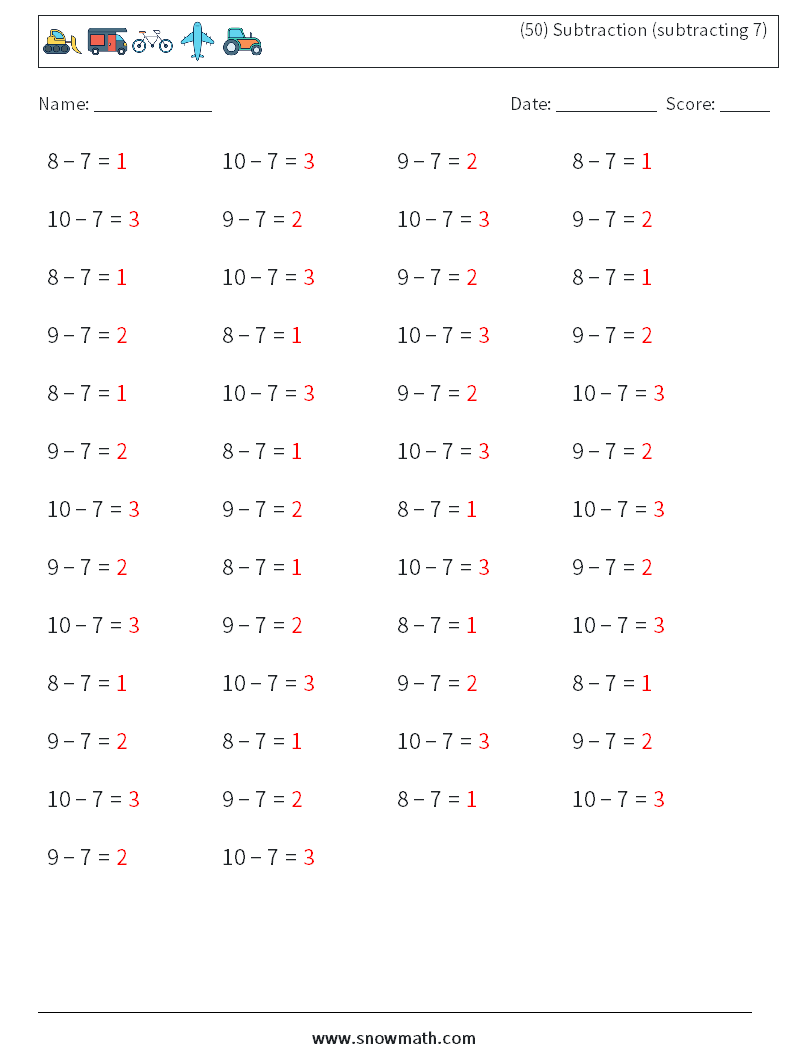 (50) Subtraction (subtracting 7) Math Worksheets 2 Question, Answer