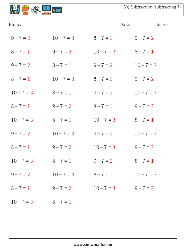 (50) Subtraction (subtracting 7) Math Worksheets 4 Question, Answer