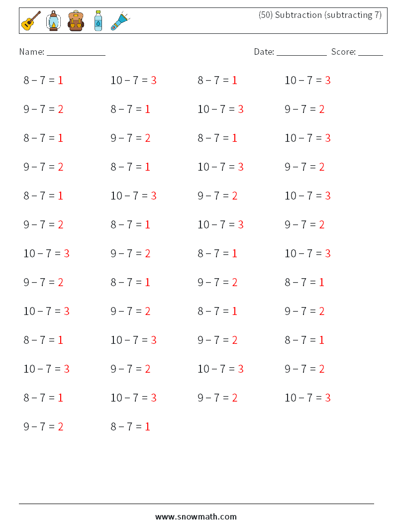 (50) Subtraction (subtracting 7) Math Worksheets 5 Question, Answer