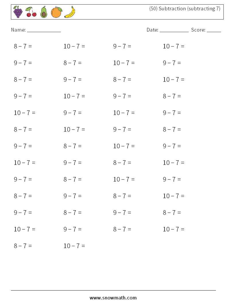 (50) Subtraction (subtracting 7) Math Worksheets 6