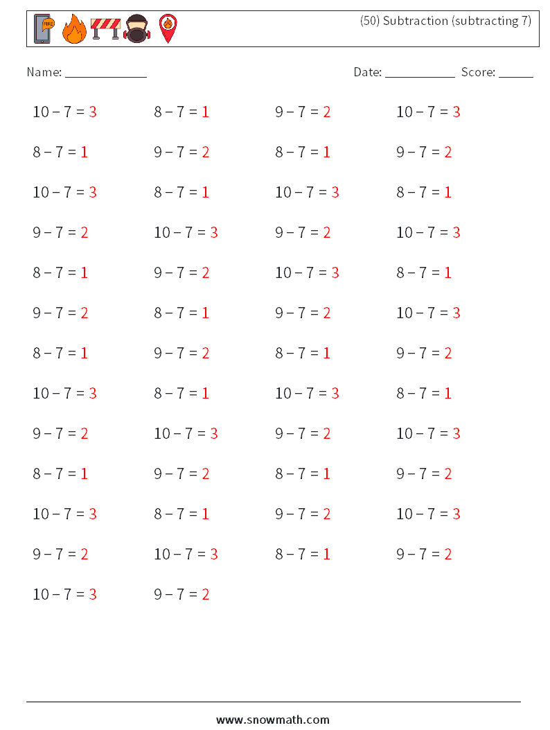 (50) Subtraction (subtracting 7) Math Worksheets 7 Question, Answer