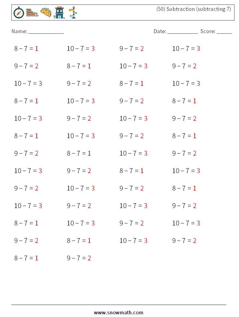 (50) Subtraction (subtracting 7) Math Worksheets 8 Question, Answer