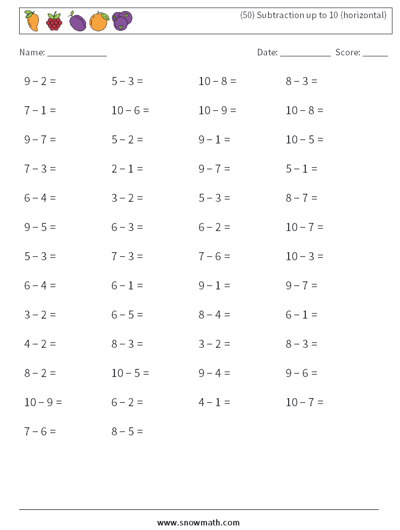 (50) Subtraction up to 10 (horizontal) Math Worksheets 2