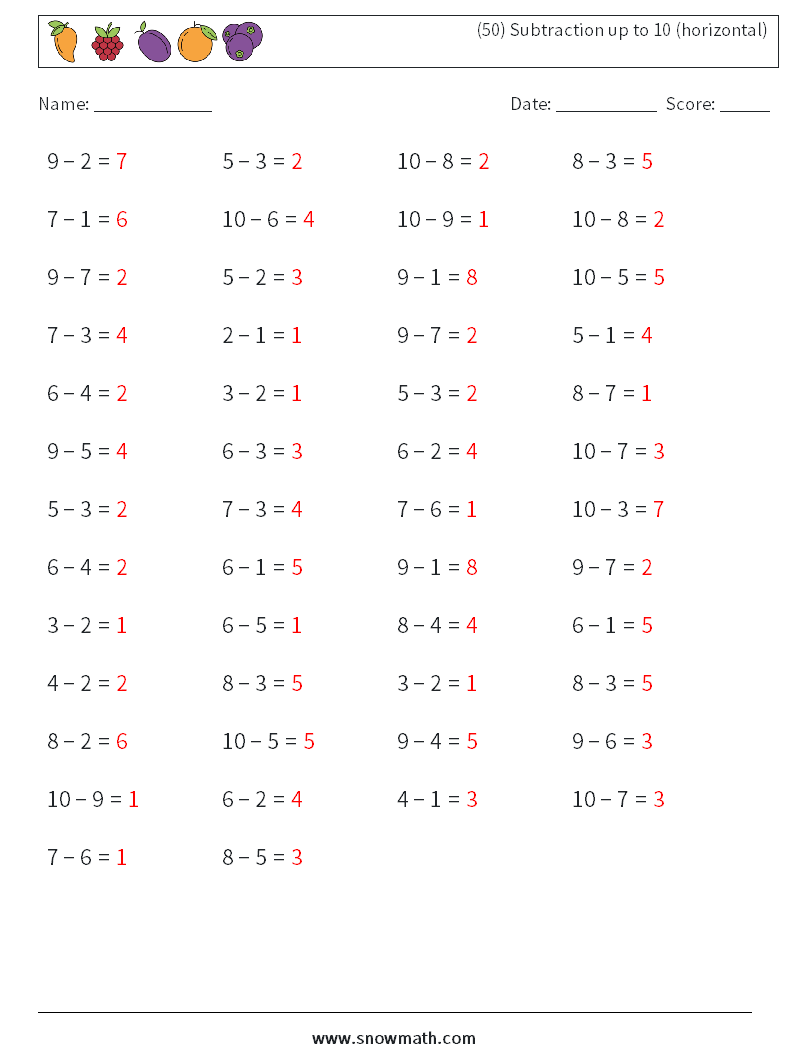 (50) Subtraction up to 10 (horizontal) Math Worksheets 2 Question, Answer