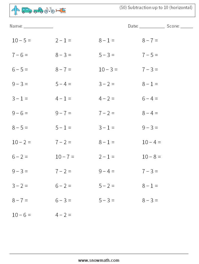 (50) Subtraction up to 10 (horizontal) Math Worksheets 3
