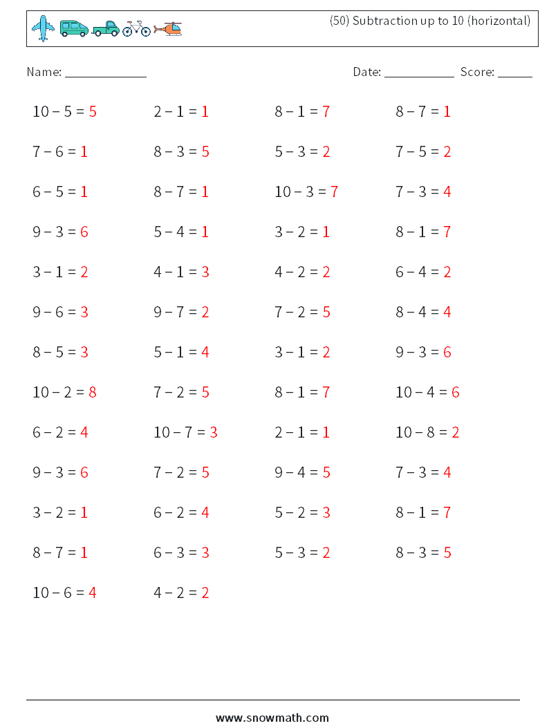 (50) Subtraction up to 10 (horizontal) Math Worksheets 3 Question, Answer
