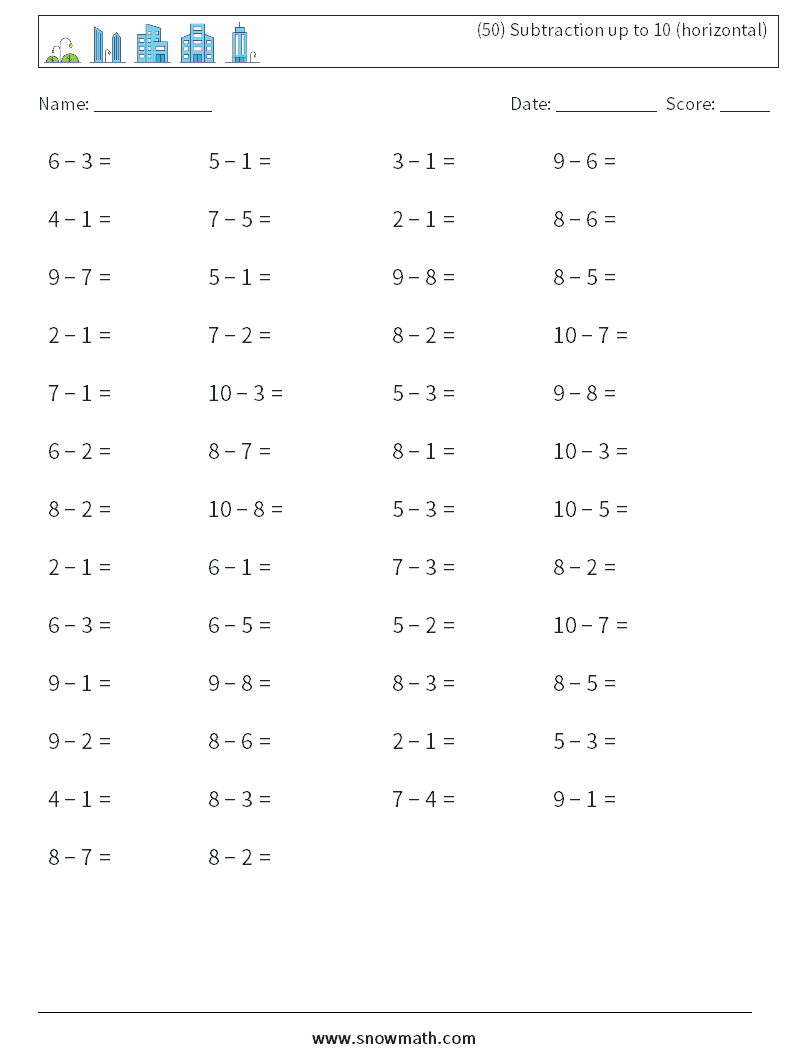 (50) Subtraction up to 10 (horizontal) Math Worksheets 4