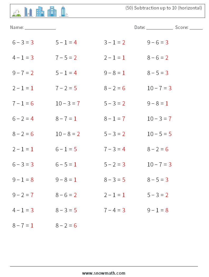 (50) Subtraction up to 10 (horizontal) Math Worksheets 4 Question, Answer