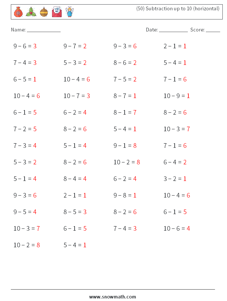 (50) Subtraction up to 10 (horizontal) Math Worksheets 5 Question, Answer