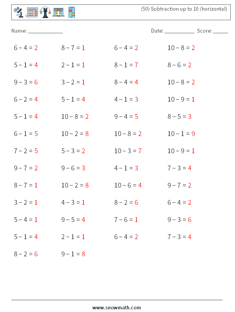 (50) Subtraction up to 10 (horizontal) Math Worksheets 6 Question, Answer