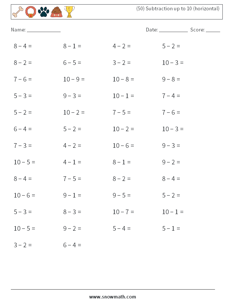 (50) Subtraction up to 10 (horizontal) Math Worksheets 7