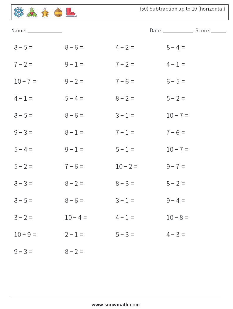 (50) Subtraction up to 10 (horizontal) Math Worksheets 8