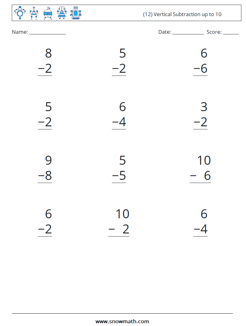 (12) Vertical Subtraction up to 10 Maths Worksheets 2