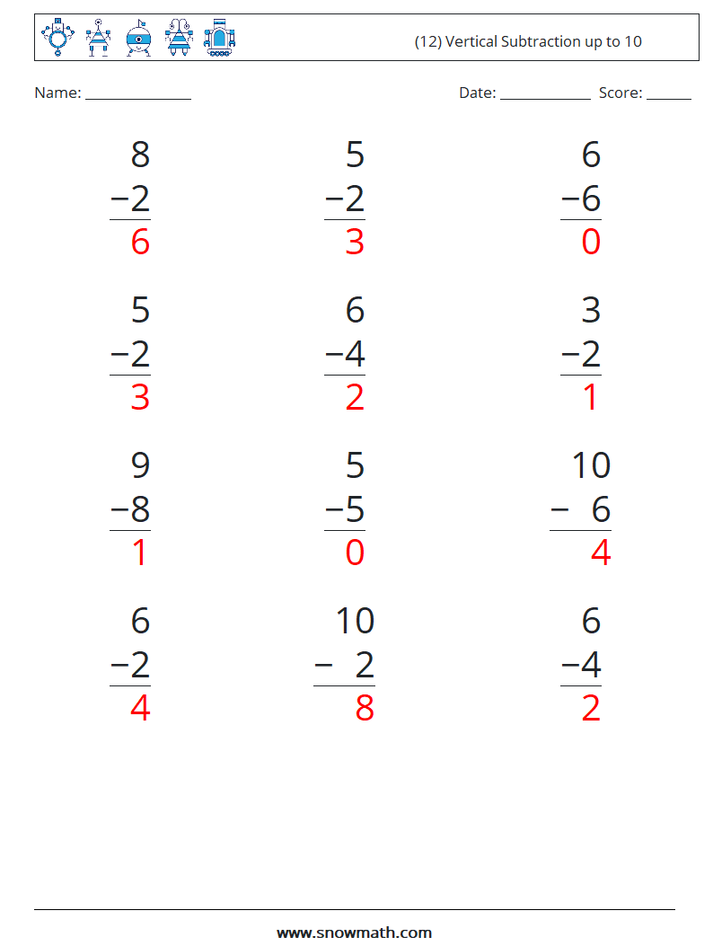 (12) Vertical Subtraction up to 10 Math Worksheets 2 Question, Answer