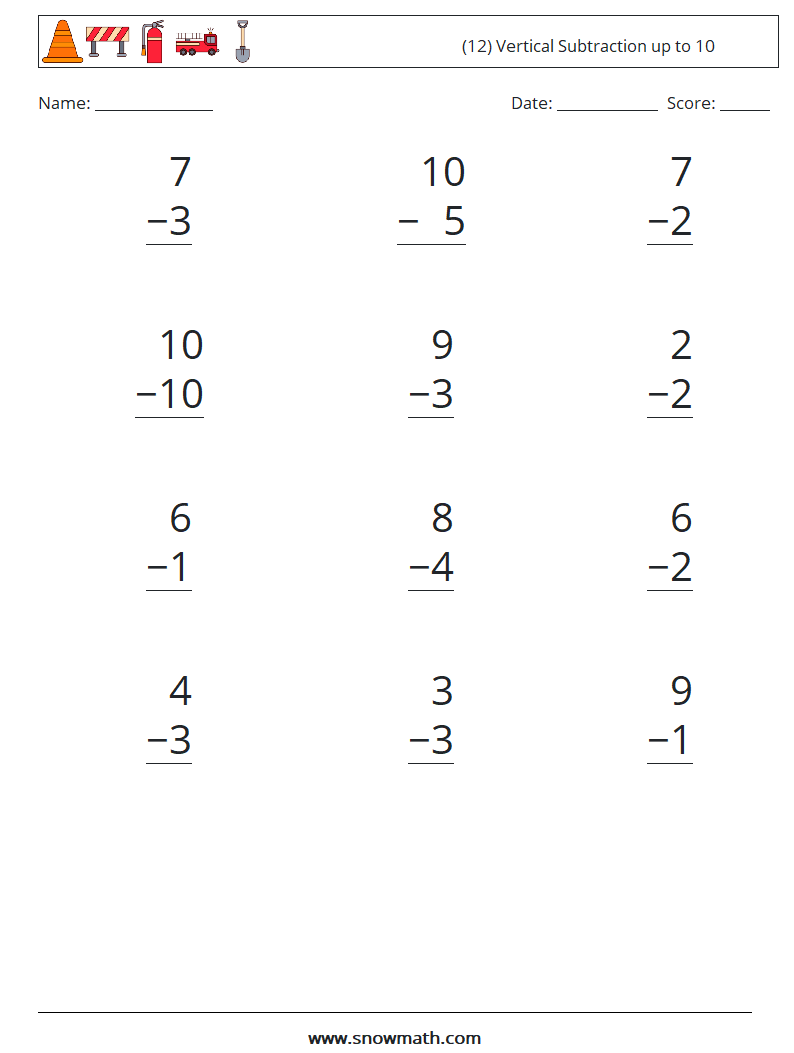 (12) Vertical Subtraction up to 10 Maths Worksheets 3