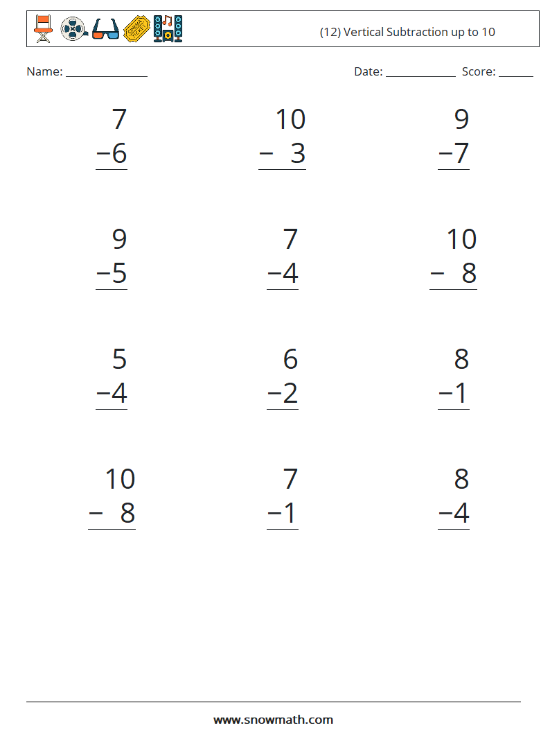 (12) Vertical Subtraction up to 10 Math Worksheets 4
