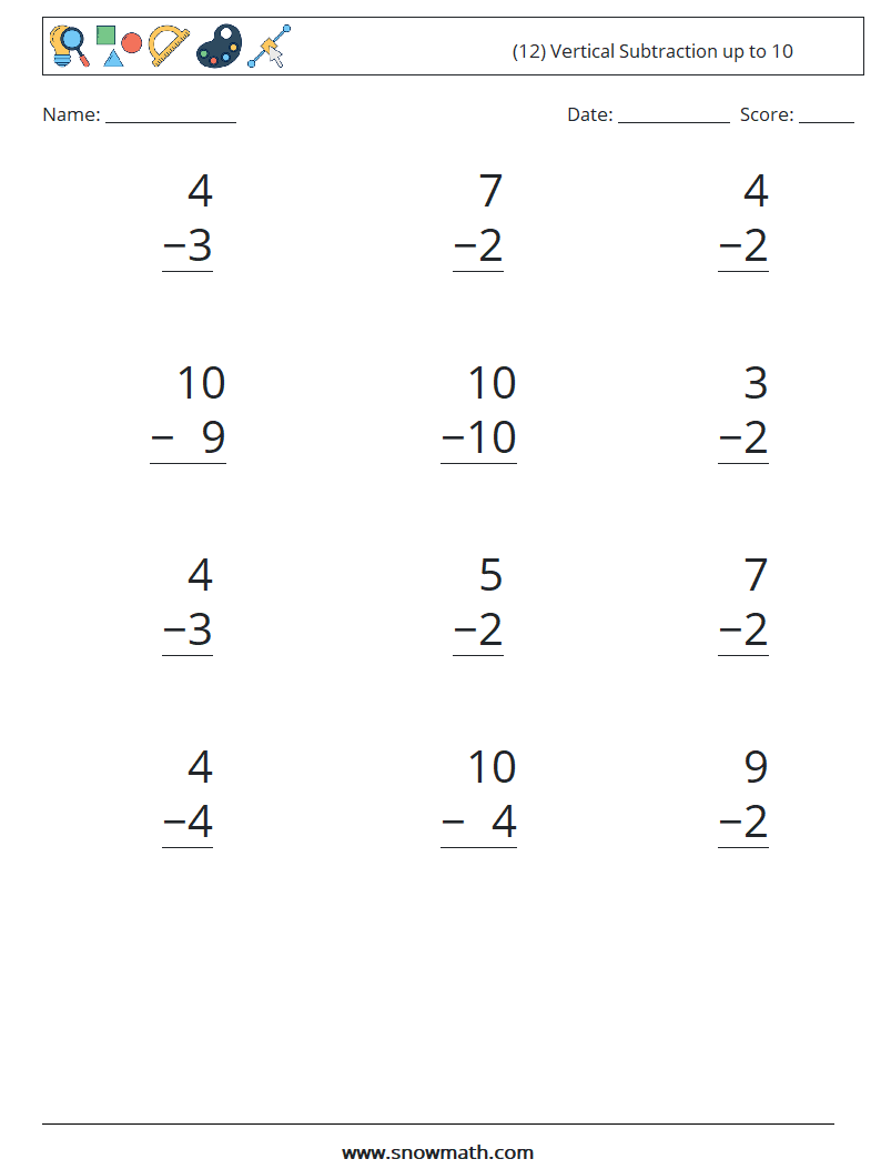 (12) Vertical Subtraction up to 10 Maths Worksheets 5