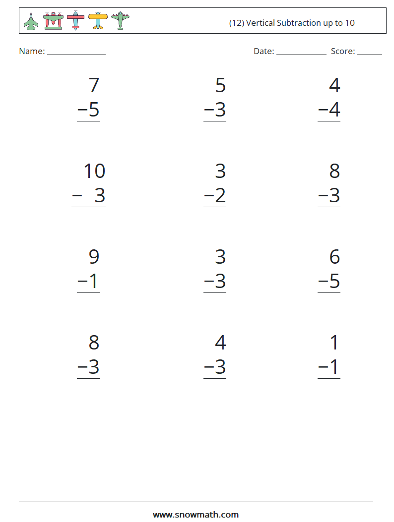 (12) Vertical Subtraction up to 10 Math Worksheets 6