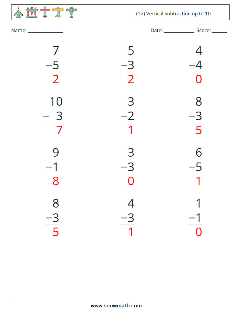 (12) Vertical Subtraction up to 10 Math Worksheets 6 Question, Answer