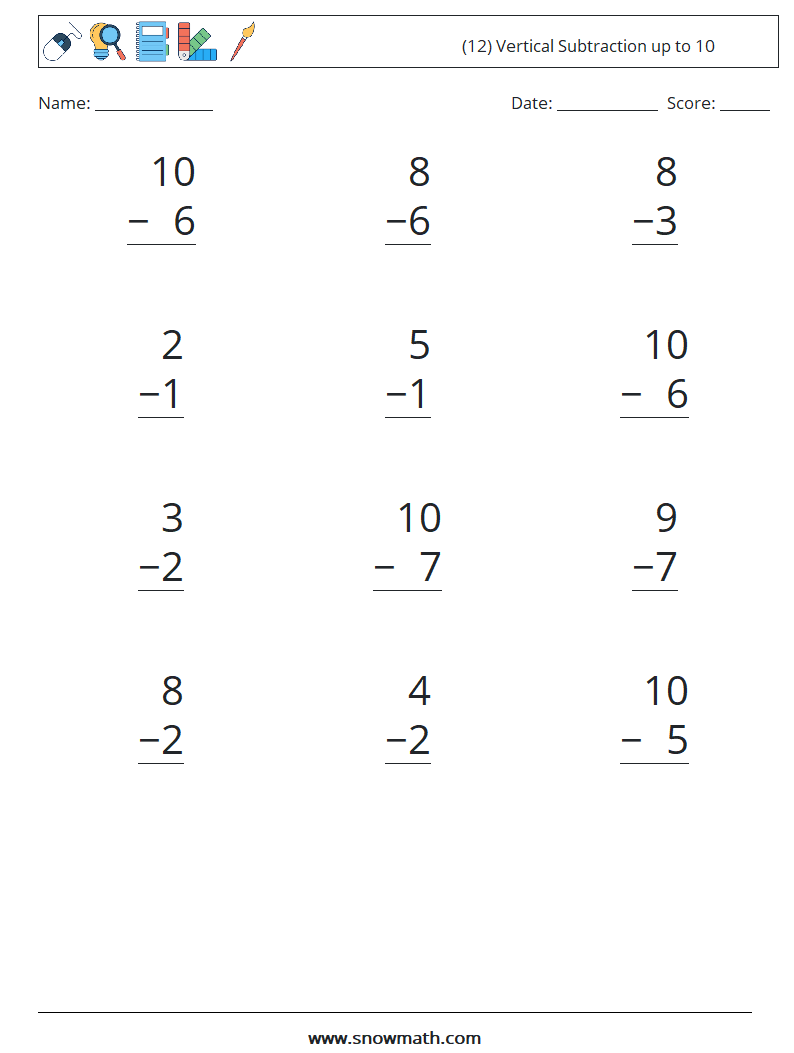 (12) Vertical Subtraction up to 10 Maths Worksheets 7
