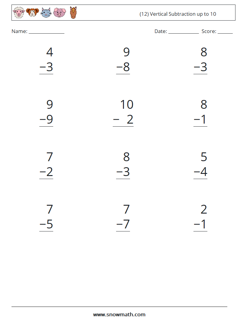 (12) Vertical Subtraction up to 10 Math Worksheets 8