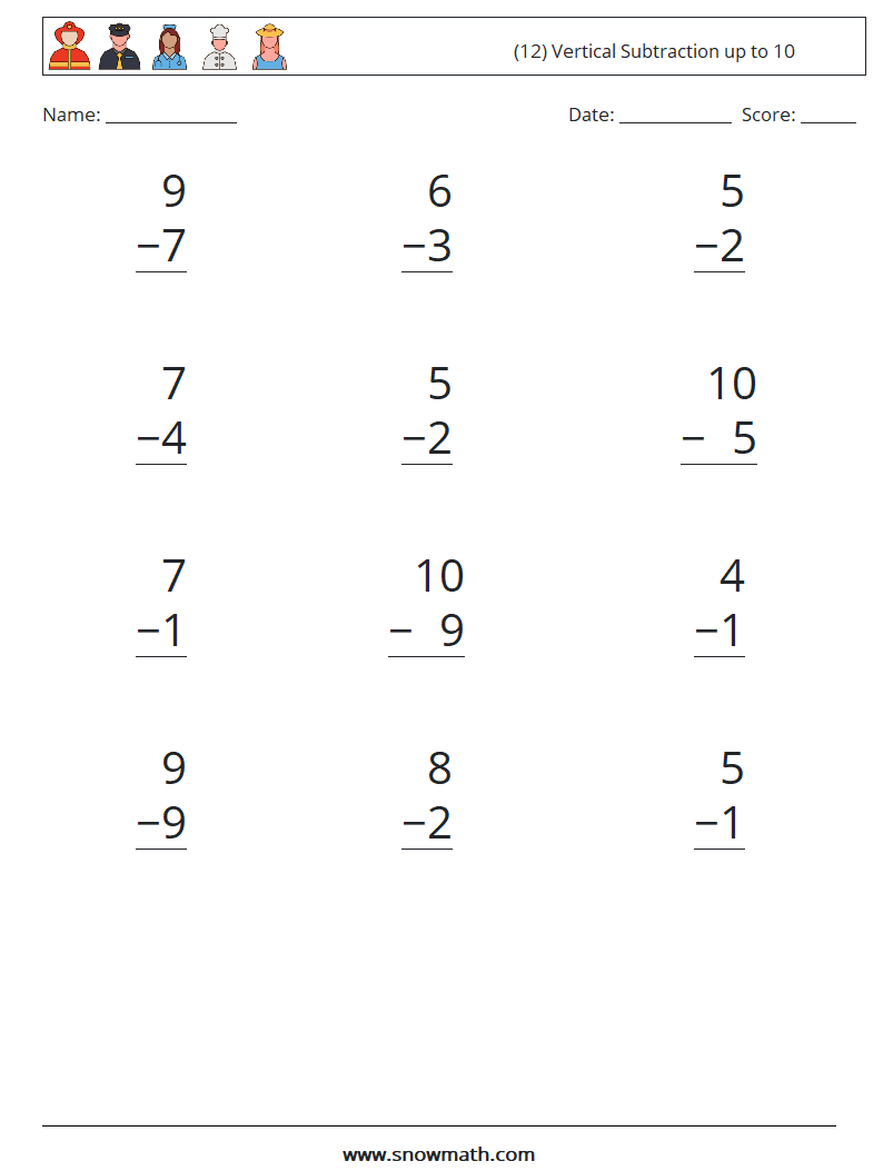 (12) Vertical Subtraction up to 10 Math Worksheets 9