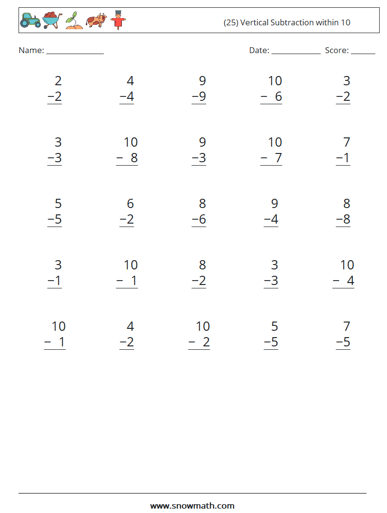 (25) Vertical Subtraction within 10 Maths Worksheets 2