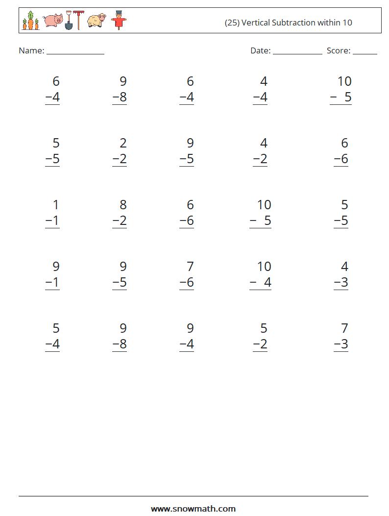 (25) Vertical Subtraction within 10 Math Worksheets 7