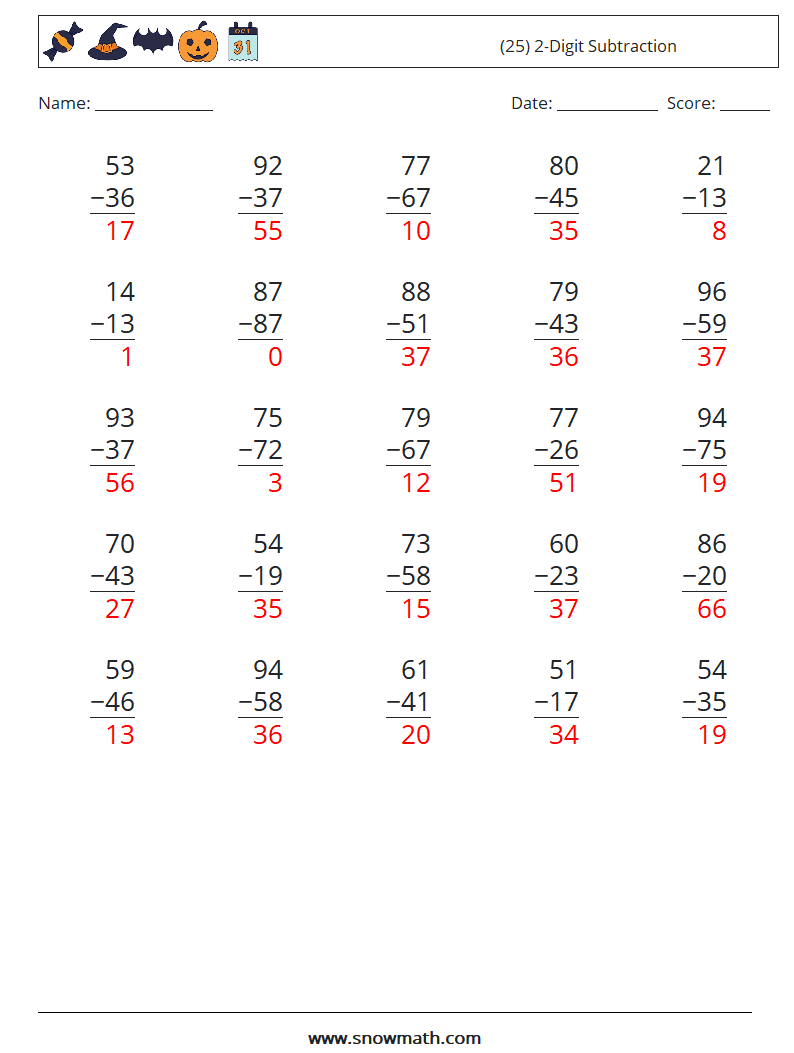 (25) 2-Digit Subtraction Math Worksheets 10 Question, Answer