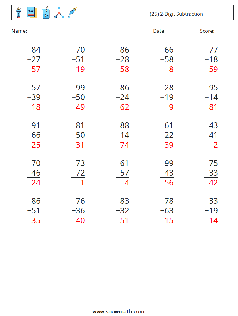 (25) 2-Digit Subtraction Math Worksheets 14 Question, Answer