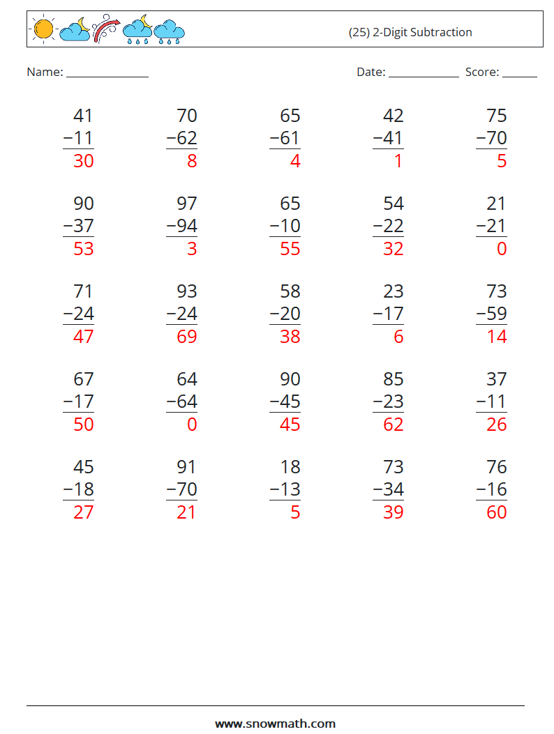 (25) 2-Digit Subtraction Math Worksheets 15 Question, Answer