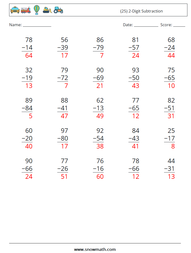(25) 2-Digit Subtraction Math Worksheets 7 Question, Answer